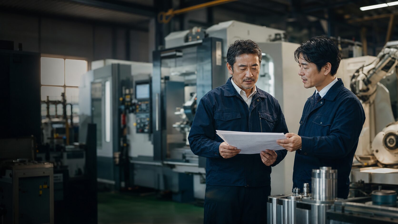 機械工場で会社売却と事業承継の相談を行う経営者とアドバイザー