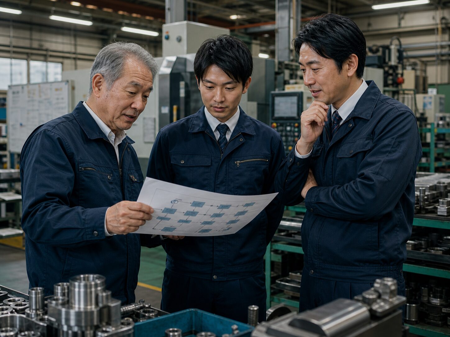 機械メーカーの工場で事業承継を相談する経営者と担当者