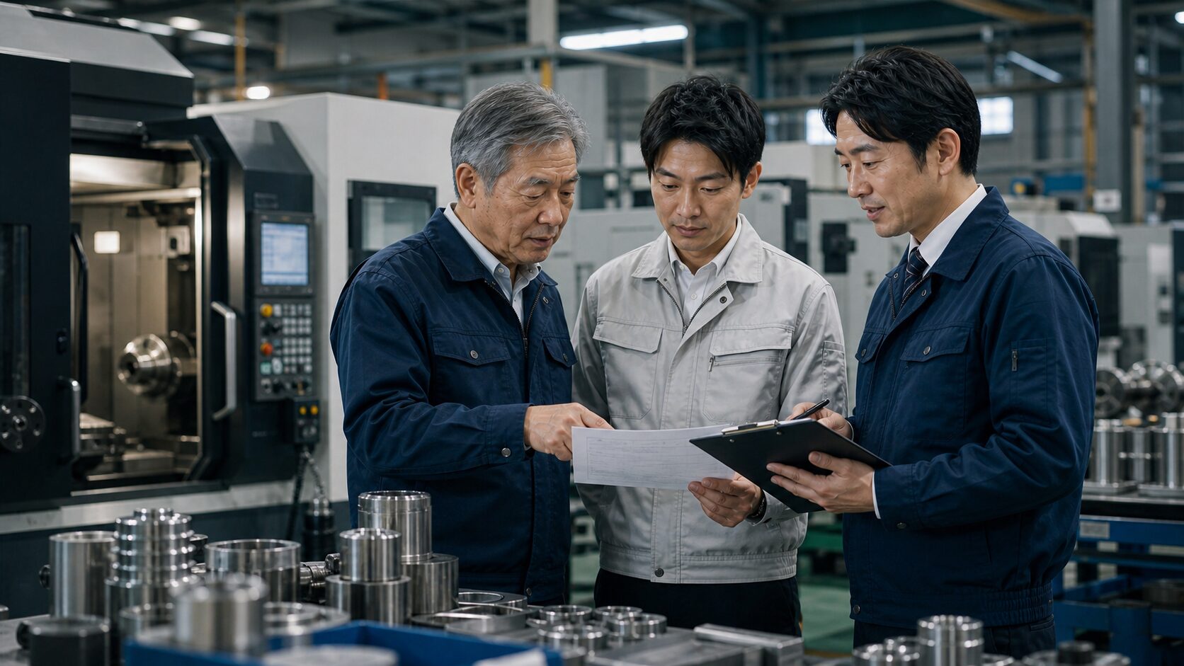 機械メーカーの工場で事業承継を相談する経営者と担当者