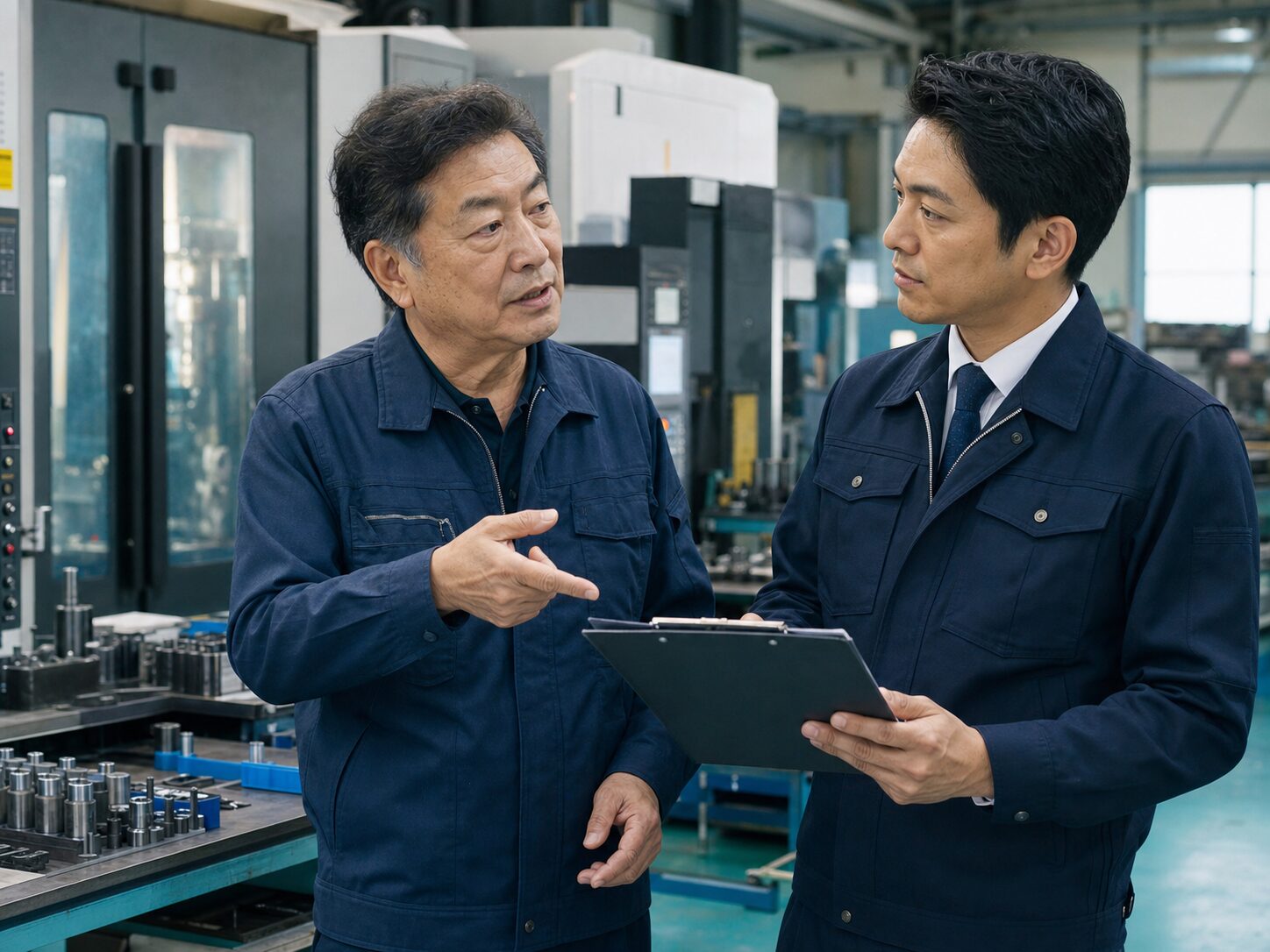 機械工場で事業承継について話す経営者とM&Aアドバイザー